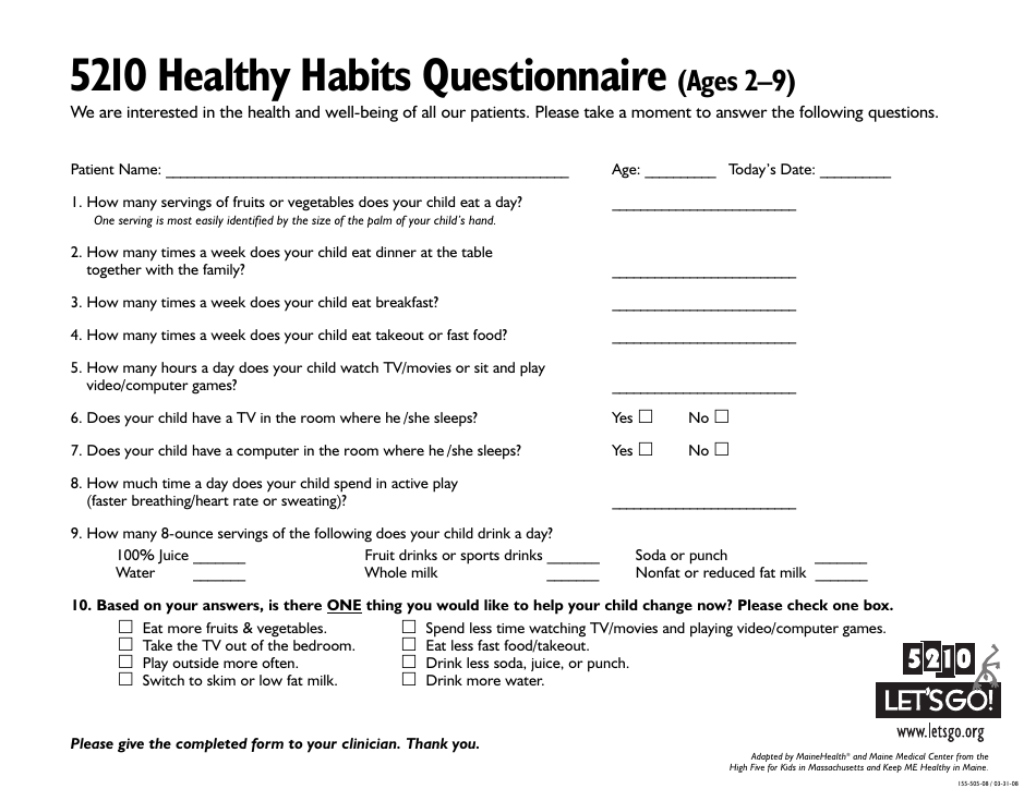 Preview of 5210 Healthy Habits Questionnaire Template - Let's Go
