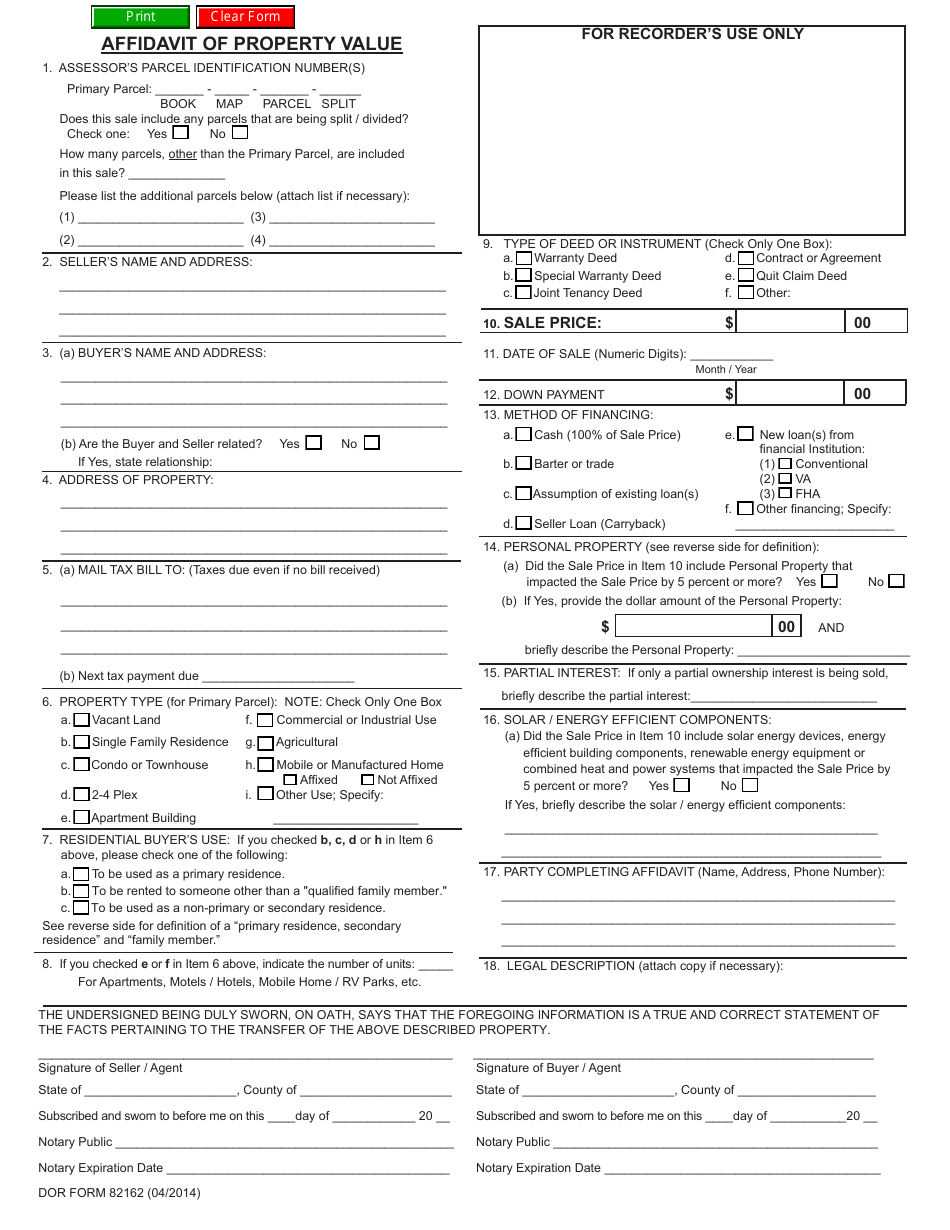 Form ADOR82162 Affidavit of Property Value - Arizona, Page 1