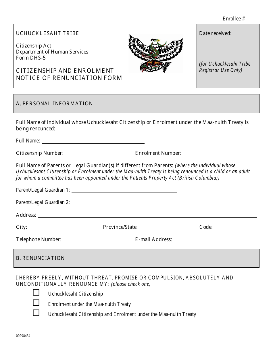 Form DHS-5 Citizenship and Enrollment Renunciation Form - British Columbia, Canada, Page 1