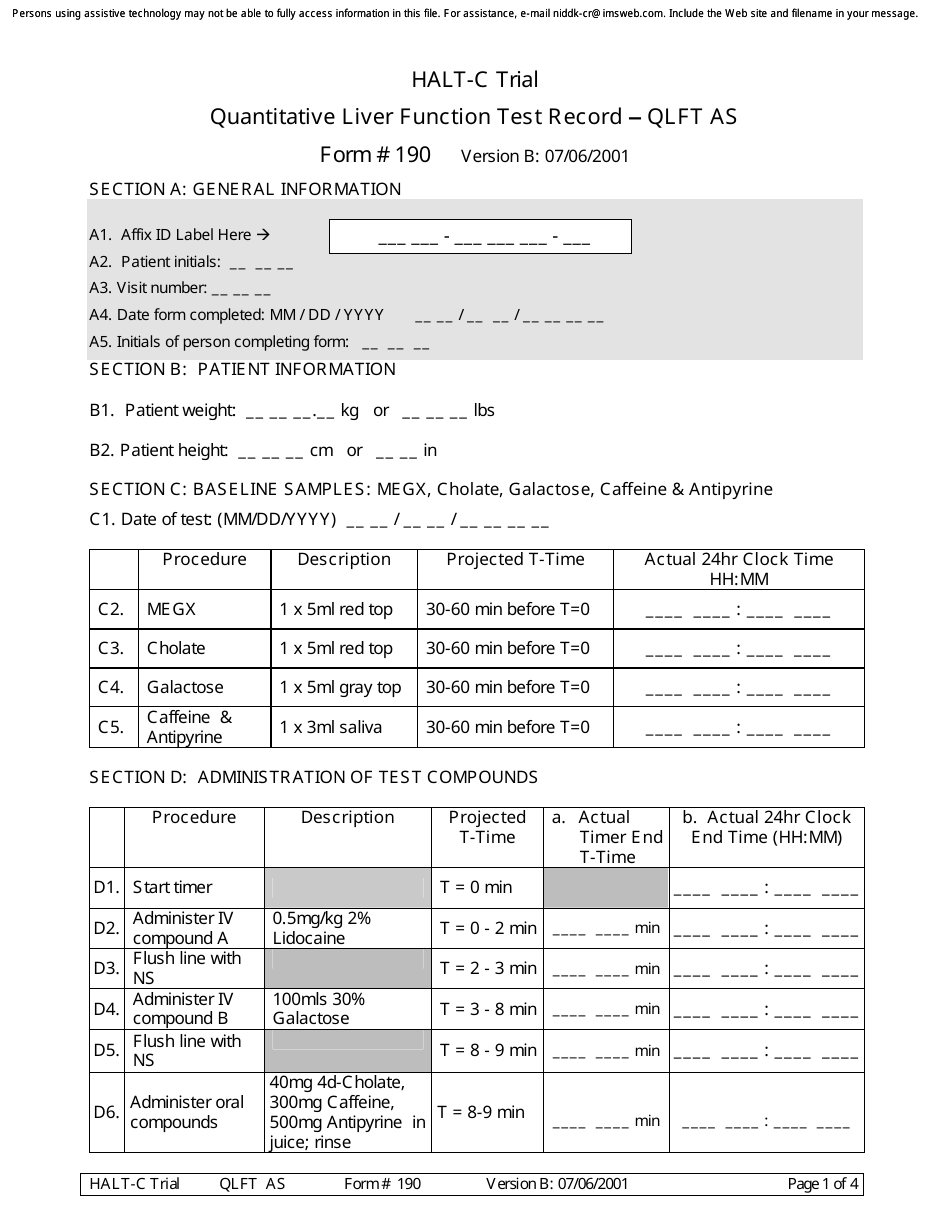 Form 190 Quantitative Liver Function Test Record, Page 1