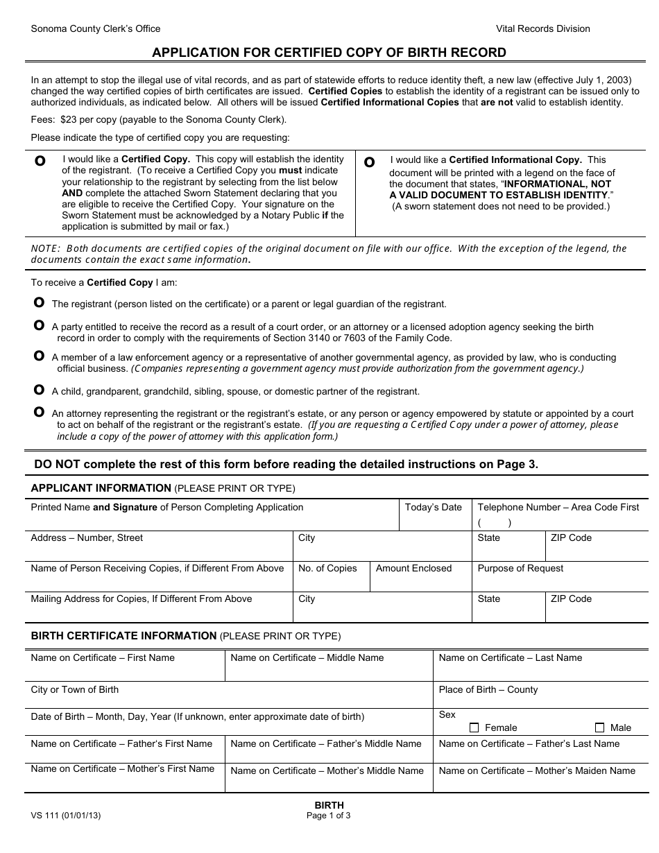 Form VS111 Application for Certified Copy of Birth Record - County of Sonoma, California, Page 1