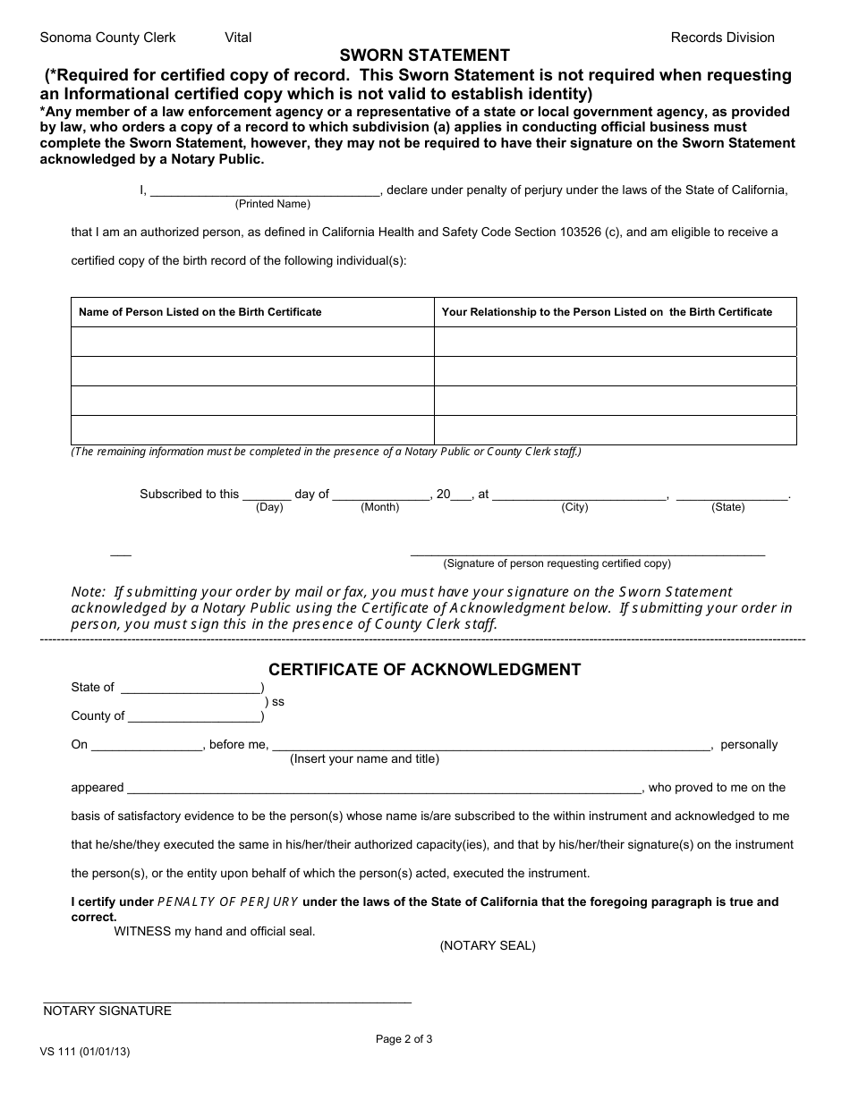 Form VS111 - Fill Out, Sign Online and Download Fillable PDF, County of ...