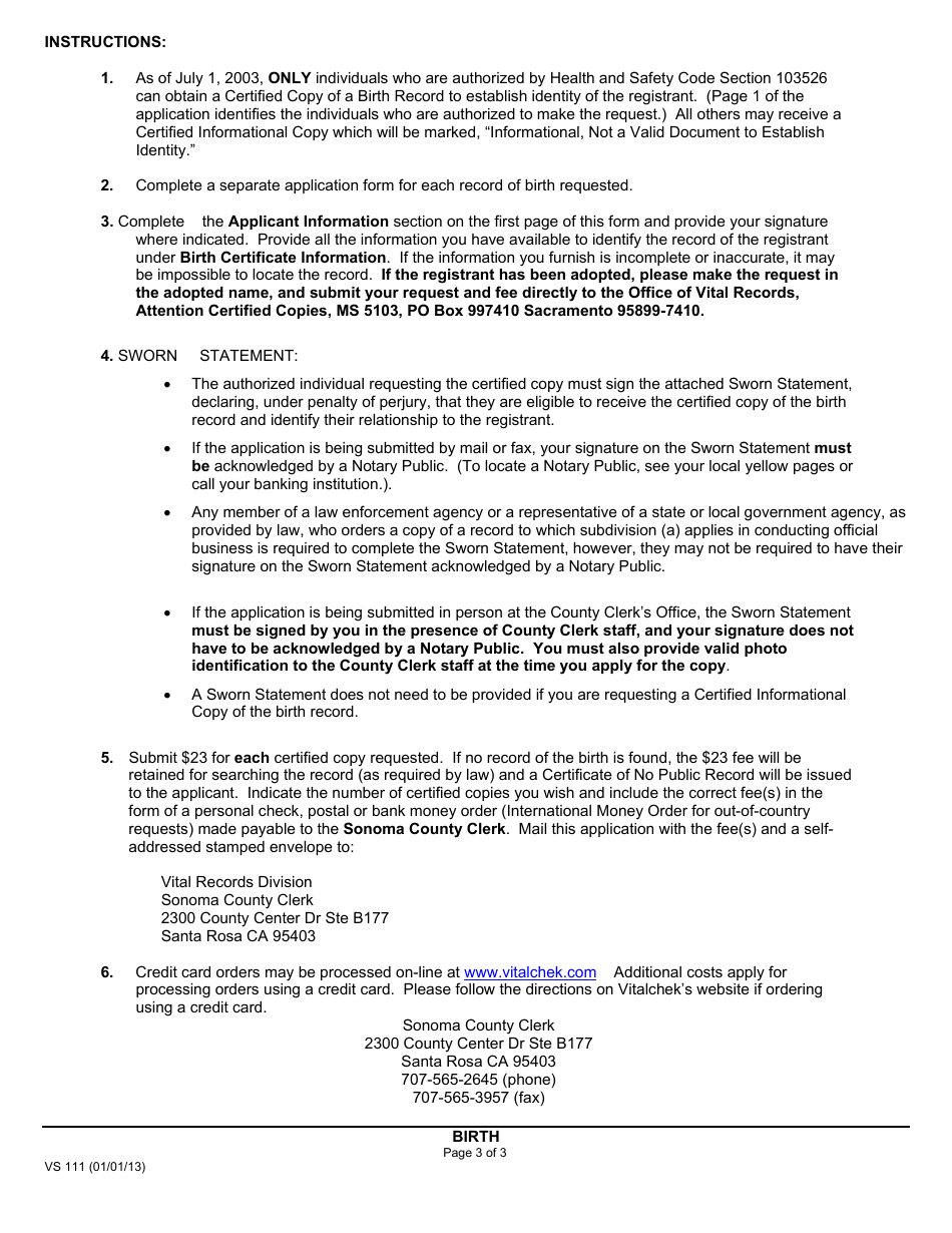 Form VS111 Application for Certified Copy of Birth Record - County of Sonoma, California, Page 3