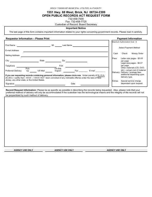 Open Public Records Act Request Form - Brick Township Municipal Utilities Authority - New Jersey Download Pdf