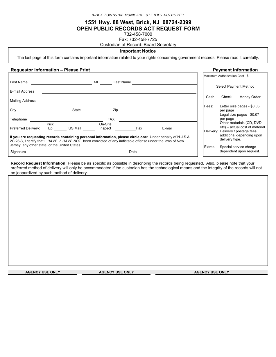 Open Public Records Act Request Form - Brick Township Municipal Utilities Authority - New Jersey, Page 1