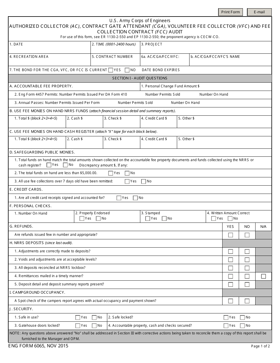 ENG Form 6065 Authorized Collector, Contract Gate Attendant, Volunteer Fee Collector and Fee Collection Contract Audit, Page 1