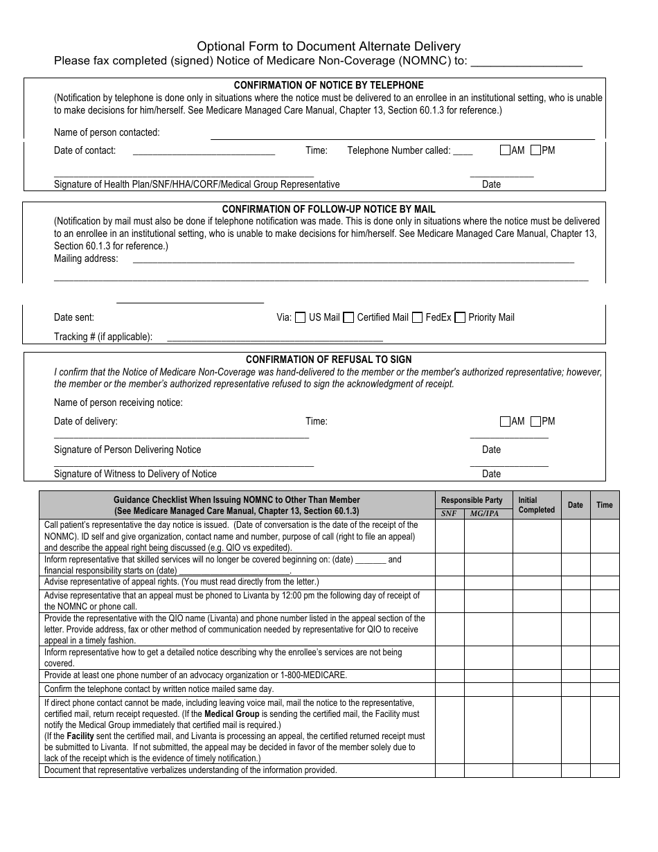 Optional Form to Document Alternate Delivery, Page 1