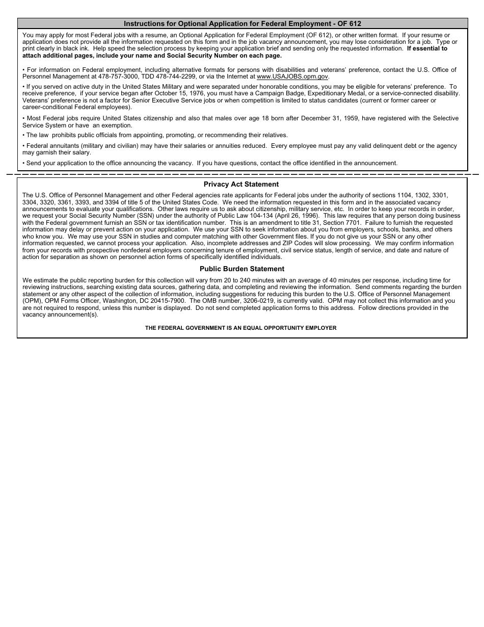 Optional Form 612 Optional Application for Federal Employment, Page 1