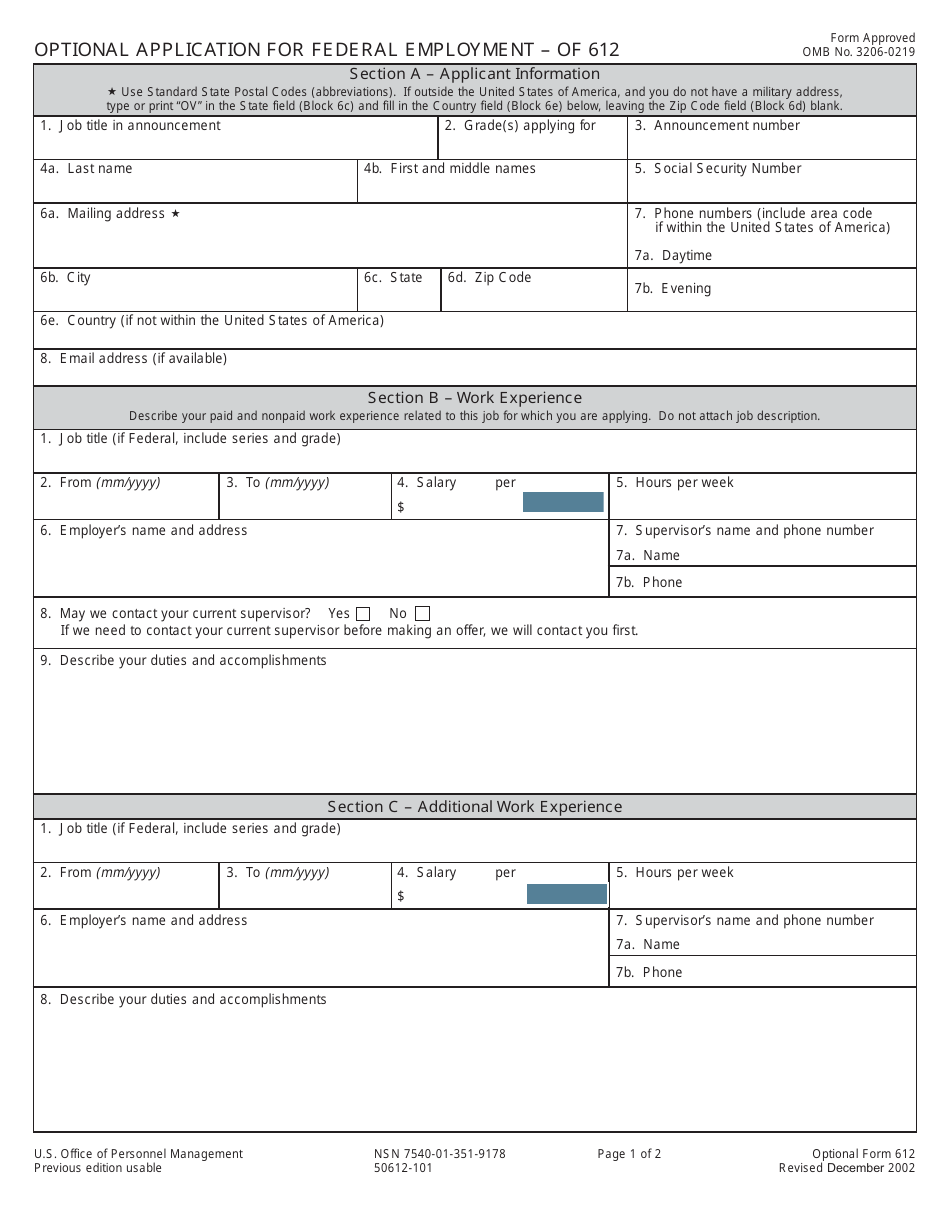 Optional Form 612 Optional Application for Federal Employment, Page 2