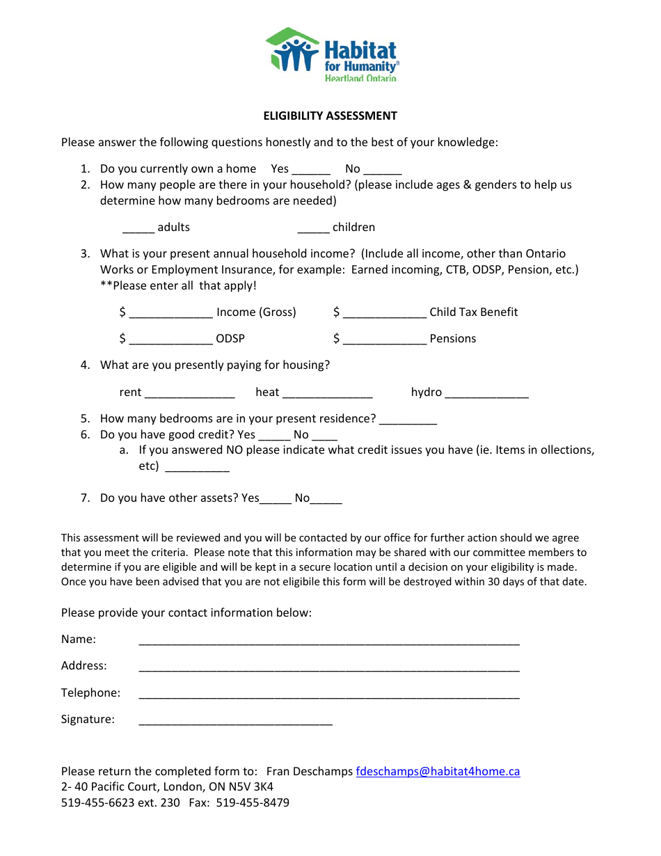 Eligibility Assessment Form - Habitat for Humanity - Canada, Page 1
