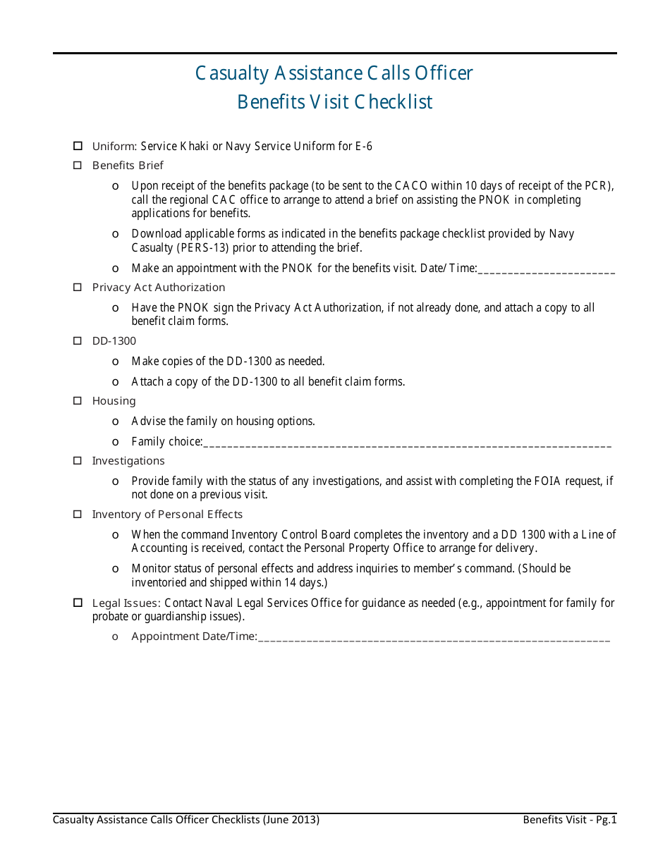 Benefits Visit Checklist - Casualty Assistance Calls Officer, Page 1