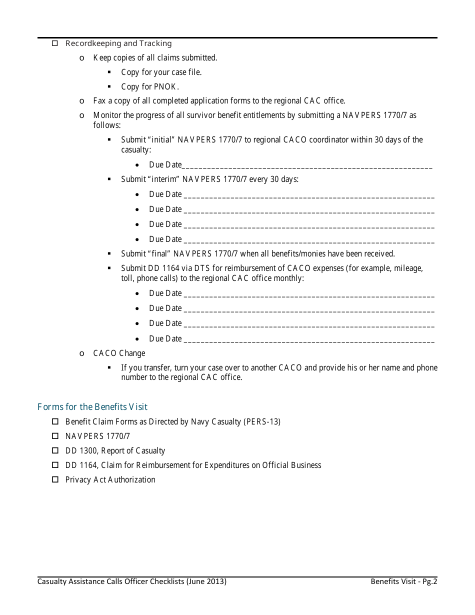 Benefits Visit Checklist - Casualty Assistance Calls Officer - Fill Out 