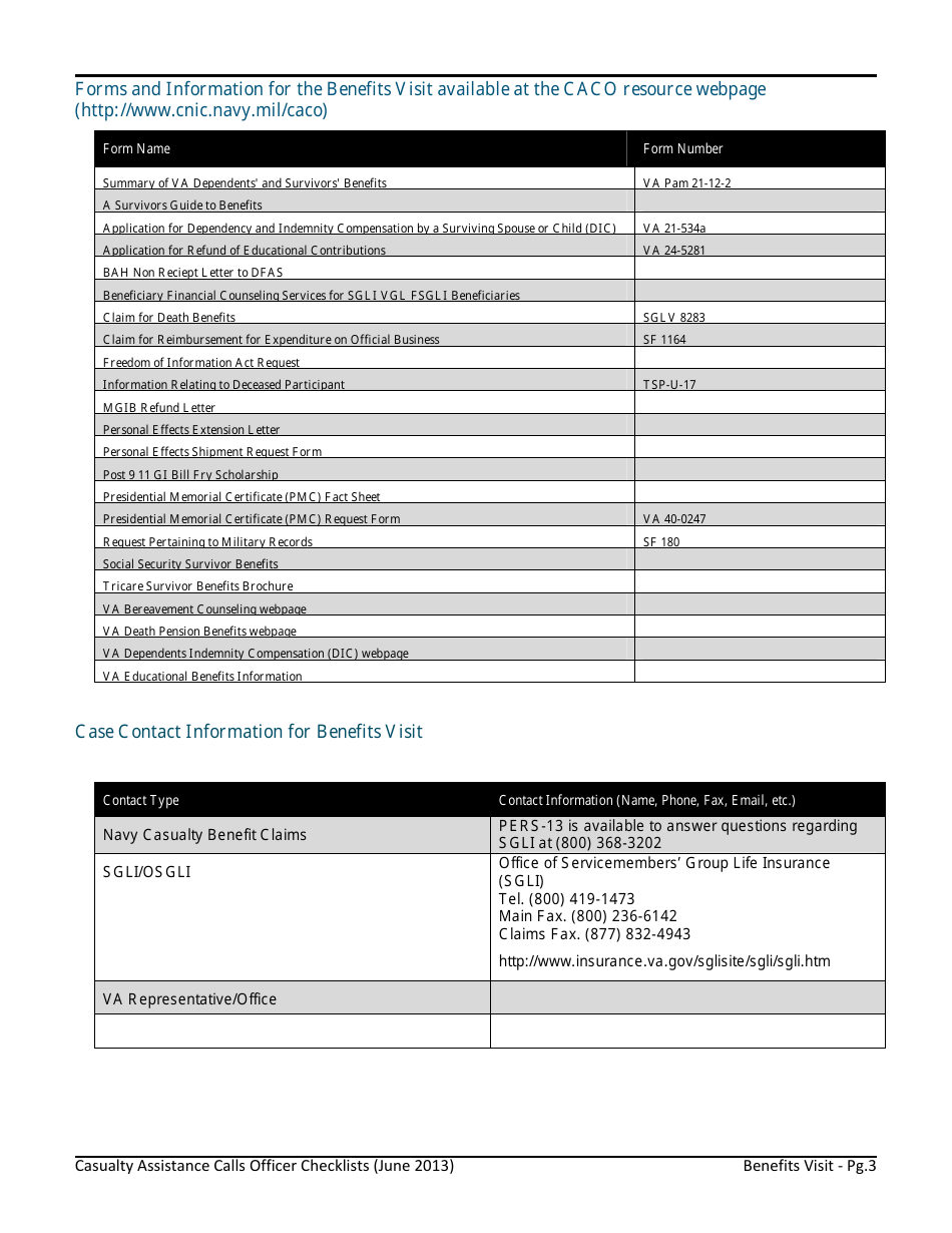 Benefits Visit Checklist - Casualty Assistance Calls Officer, Page 3