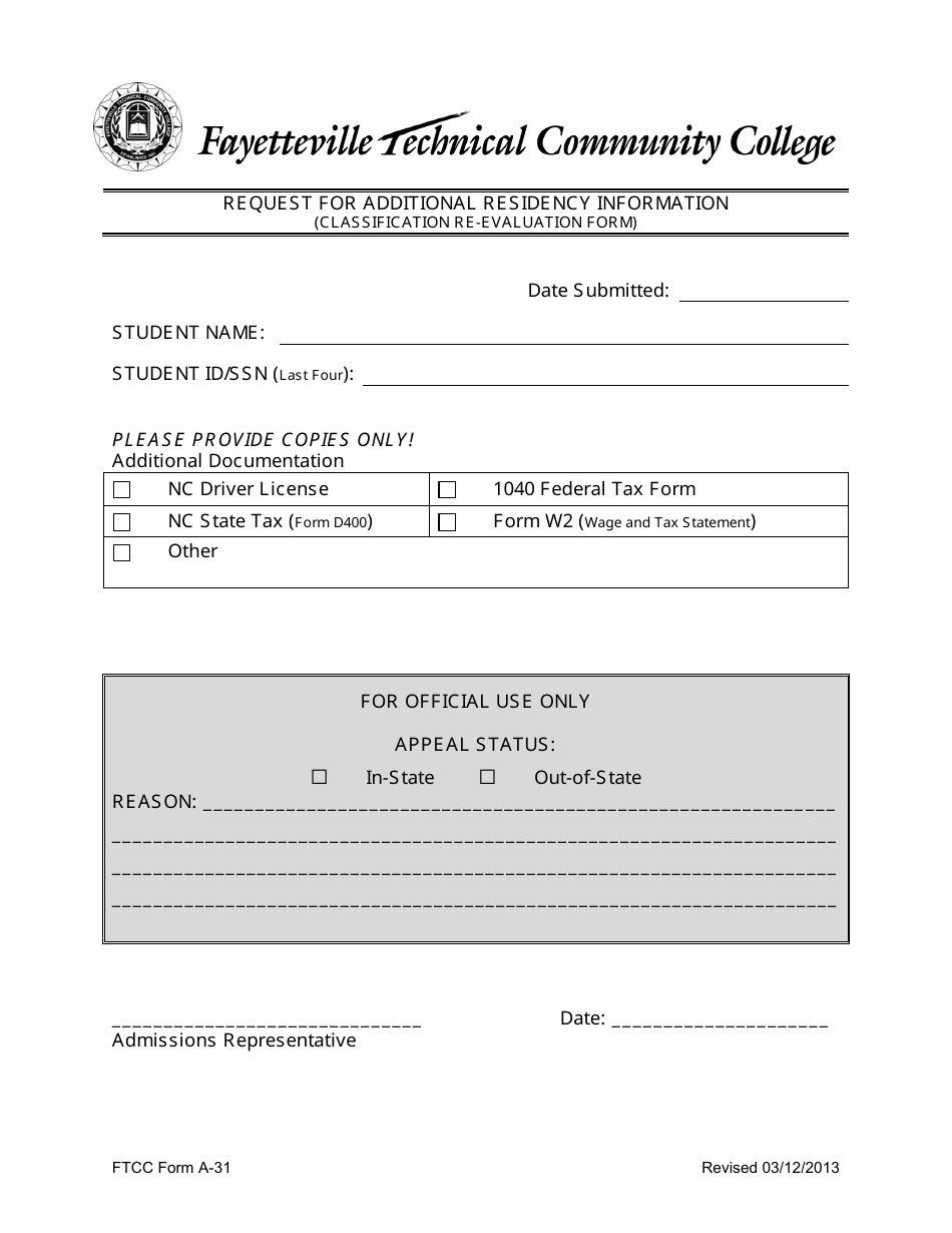 Request for Additional Residency Information (Classification Re-evaluation Form) - Fayetteville Technical Community College - North Carolina, Page 1