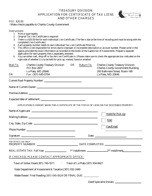 Application for Certificate of Tax Liens and Other Charges - Charles County, Maryland