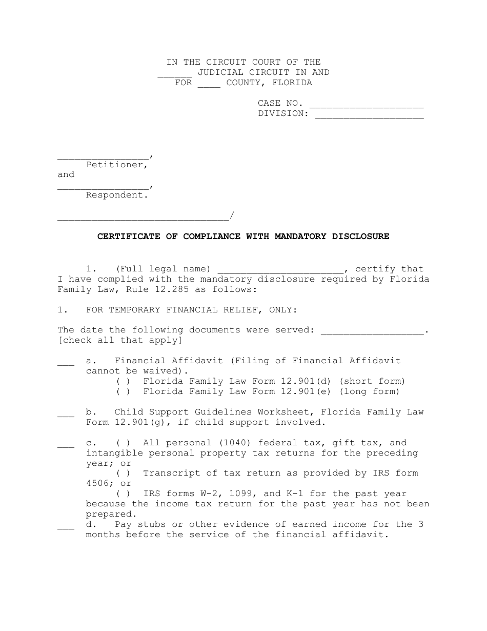 Certificate of Compliance With Mandatory Disclosure - Florida, Page 1