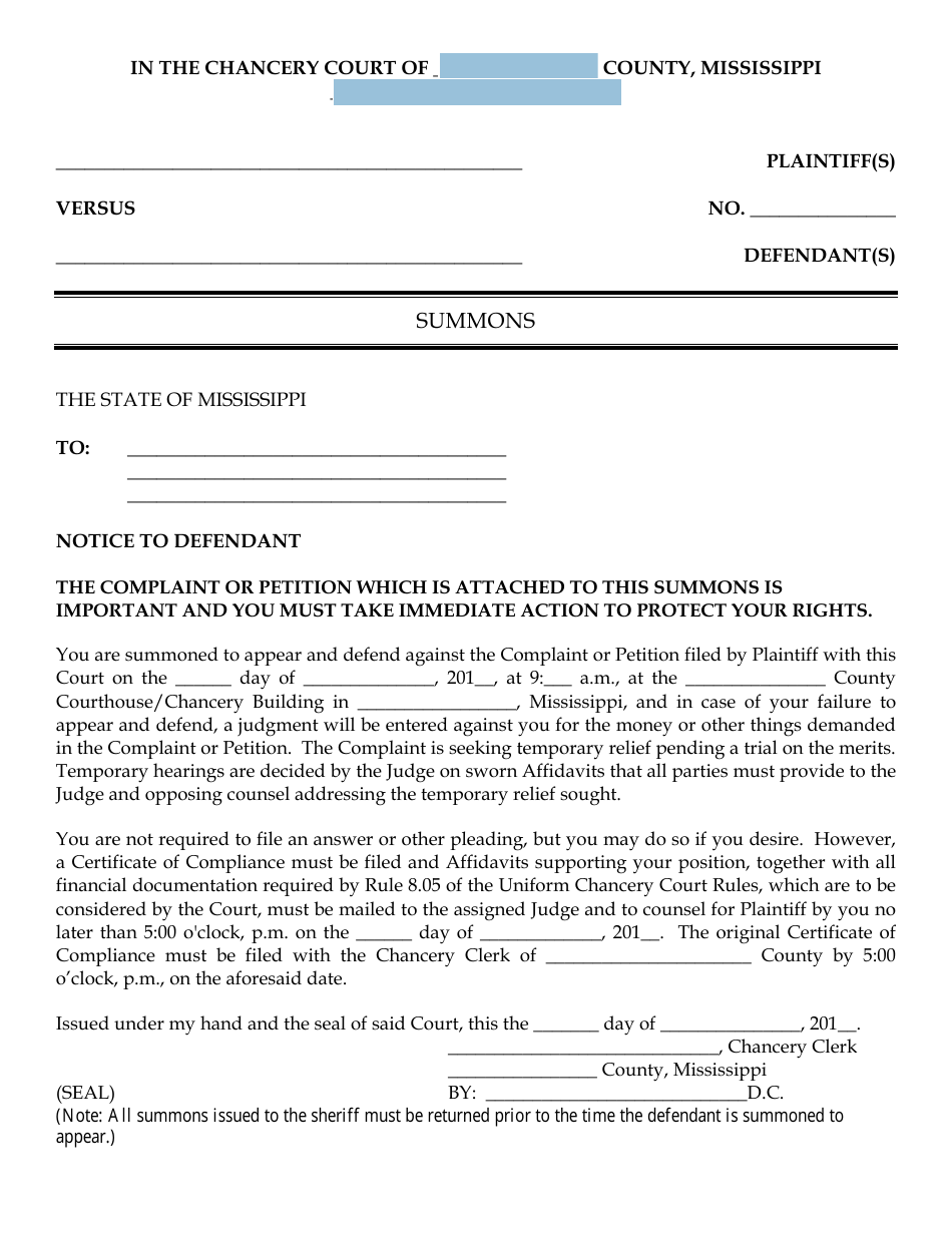 Summons Form - Mississippi, Page 1