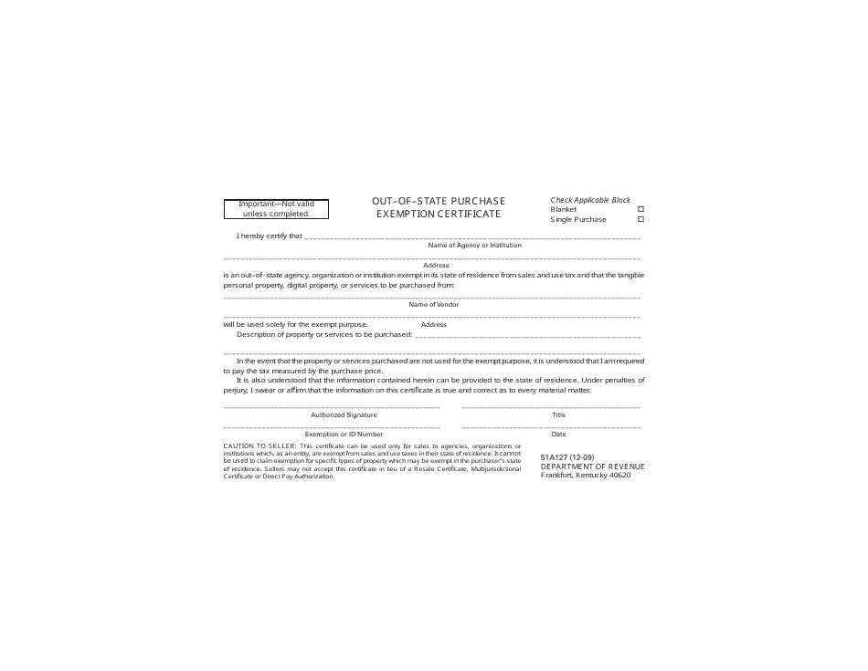 Form 51A127 Out-of-State Purchase Exemption Certificate - Kentucky, Page 1