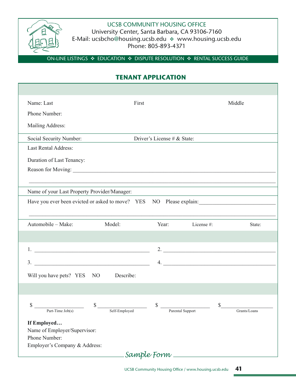 Tenant Application Form - Ucsb Community Housing Office - California, Page 1