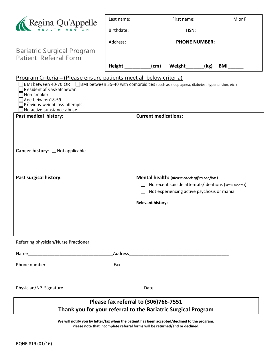 Form RQHR819 Patient Referral Form - Bariatric Surgical Program - Regina QuAppelle, Saskatchewan, Canada, Page 1