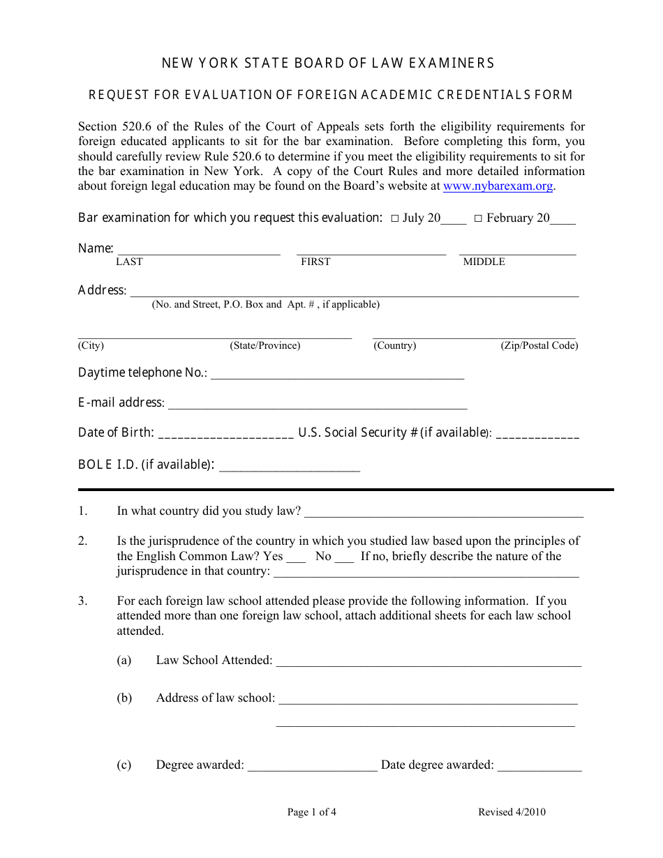 Request for Evaluation of Foreign Academic Credentials Form - New York, Page 1