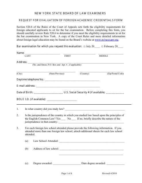 Request for Evaluation of Foreign Academic Credentials Form - New York Download Pdf
