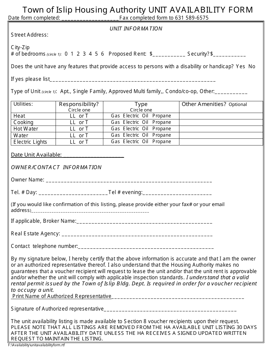 Unit Availability Form - Town of Islip, New York, Page 1