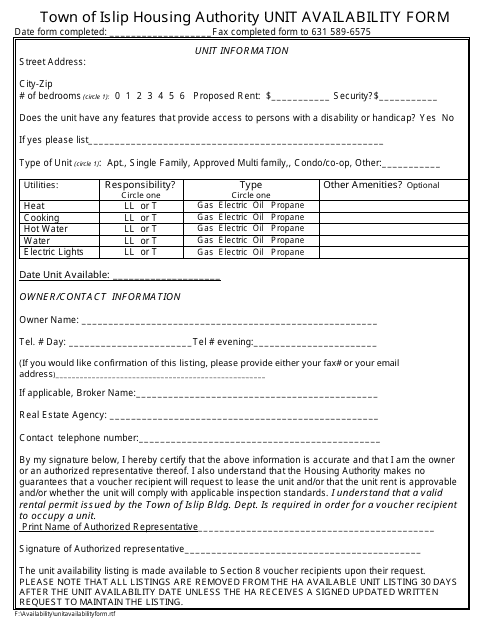 Unit Availability Form - Town of Islip, New York Download Pdf
