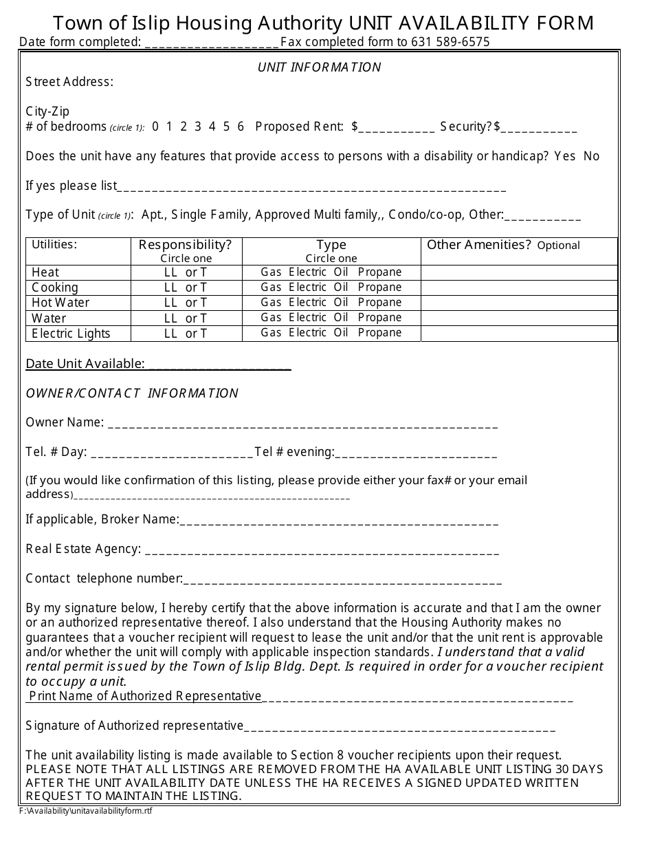 Town of Islip, New York Unit Availability Form Fill Out, Sign Online