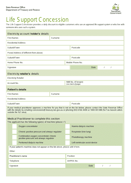 Life Support Concession Application Form - Tasmania, Australia