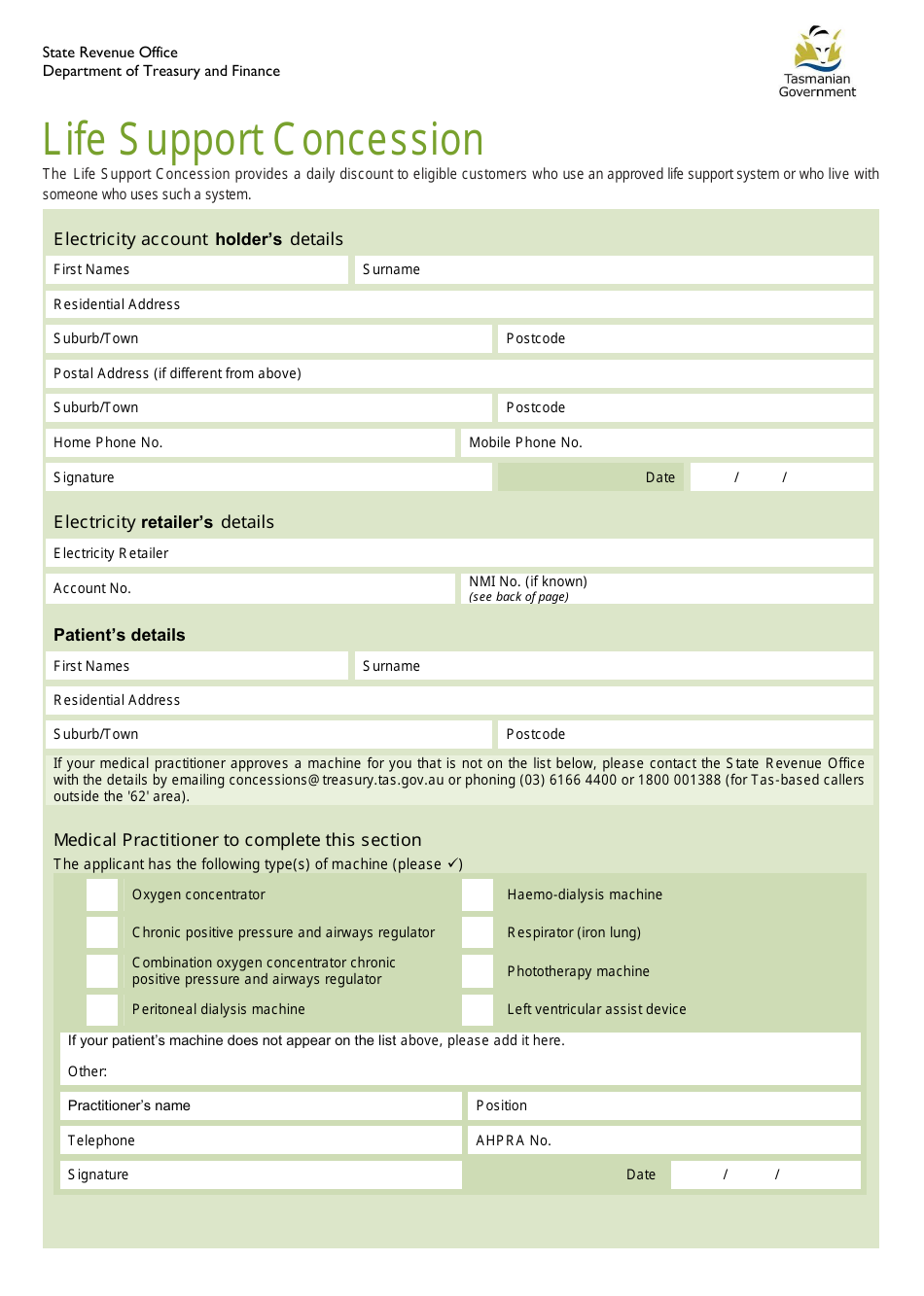 Life Support Concession Application Form - Tasmania, Australia, Page 1