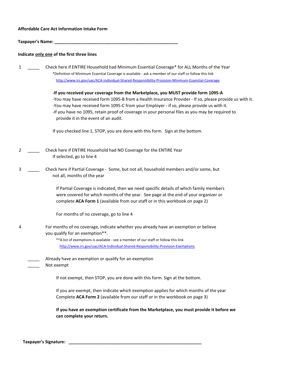 Affordable Care Act Information Intake Form, Page 1