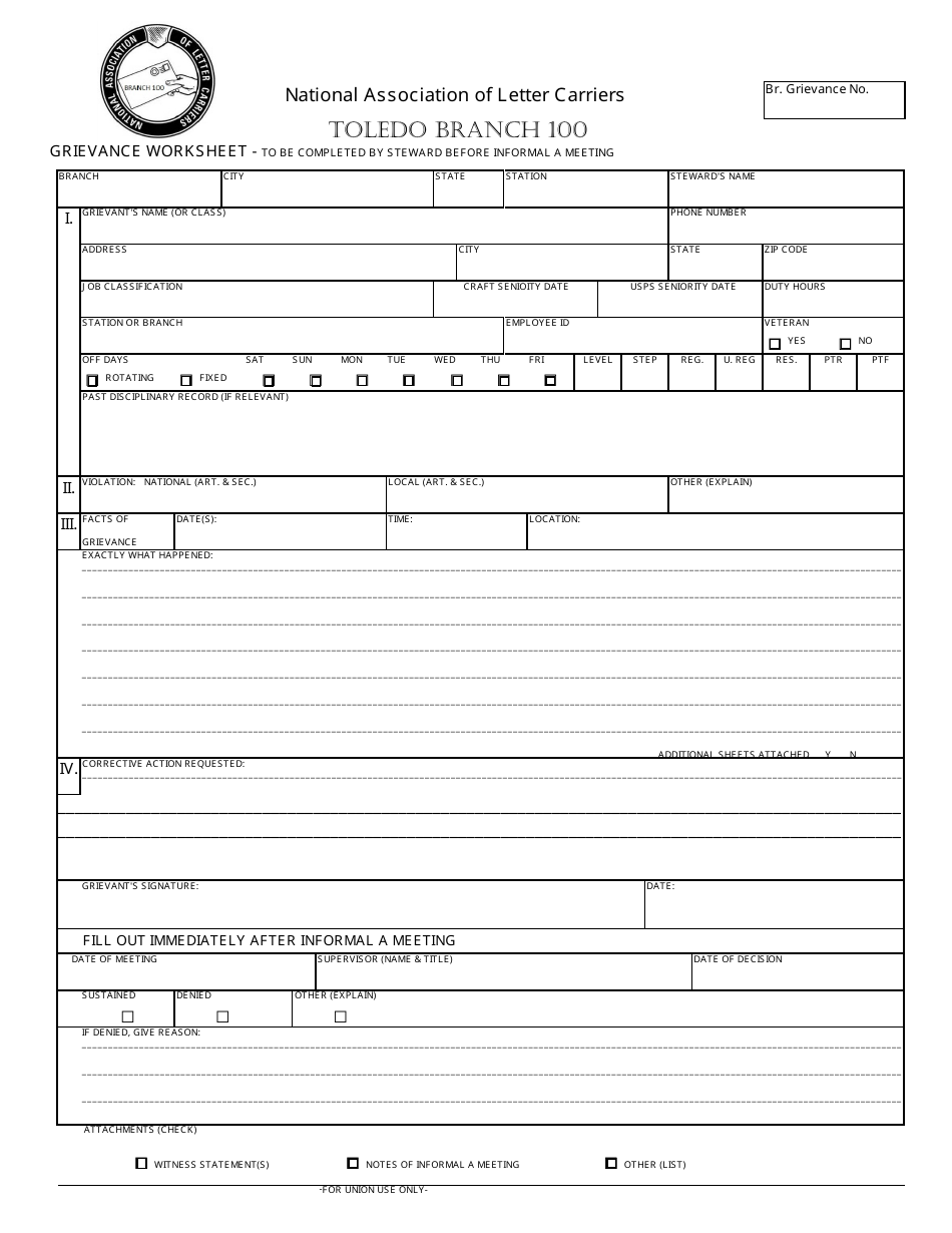 Grievance Worksheet Form - National Association of Letter Carriers - Toledo, Ohio, Page 1