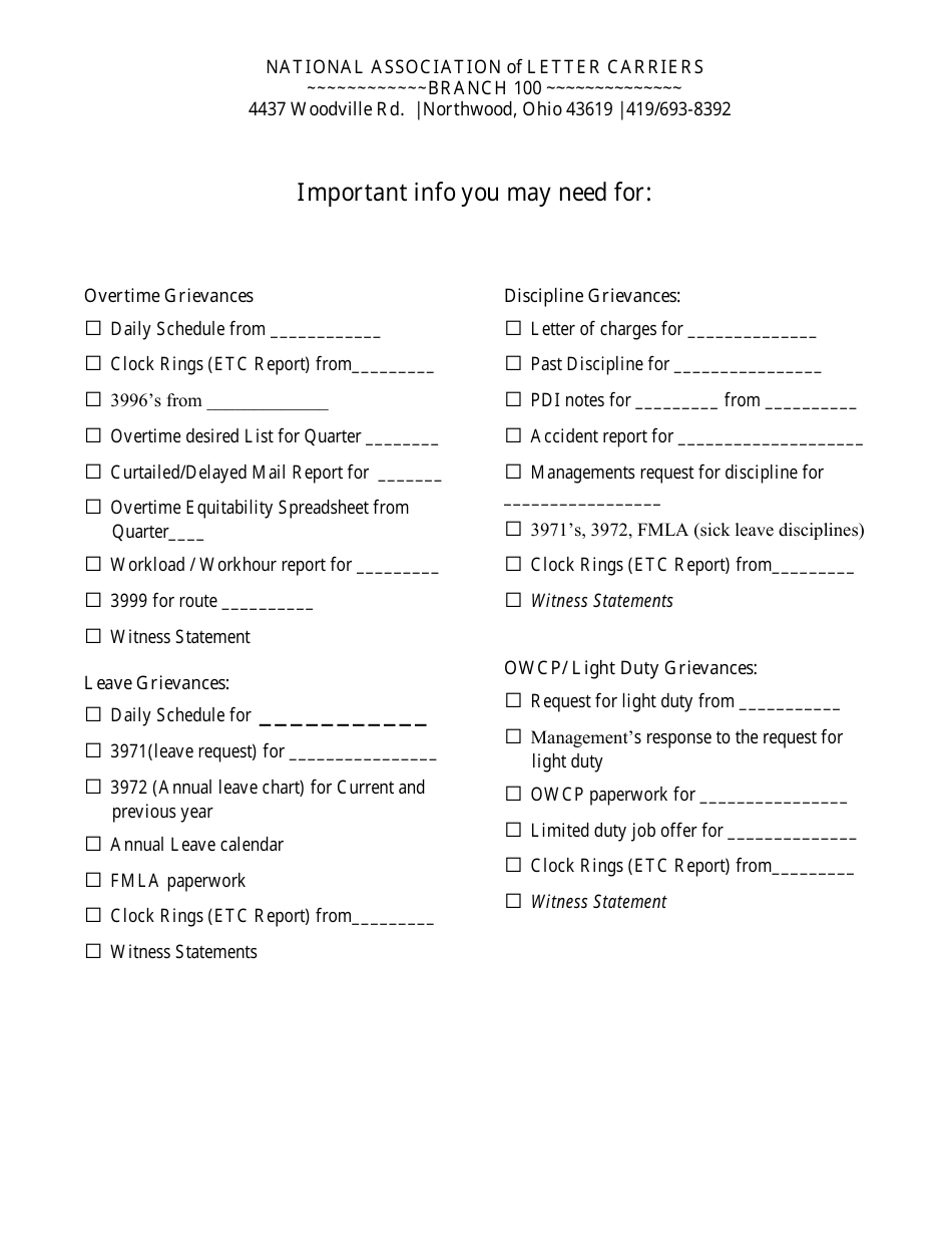 Grievance Worksheet Form - National Association of Letter Carriers - Toledo, Ohio, Page 2