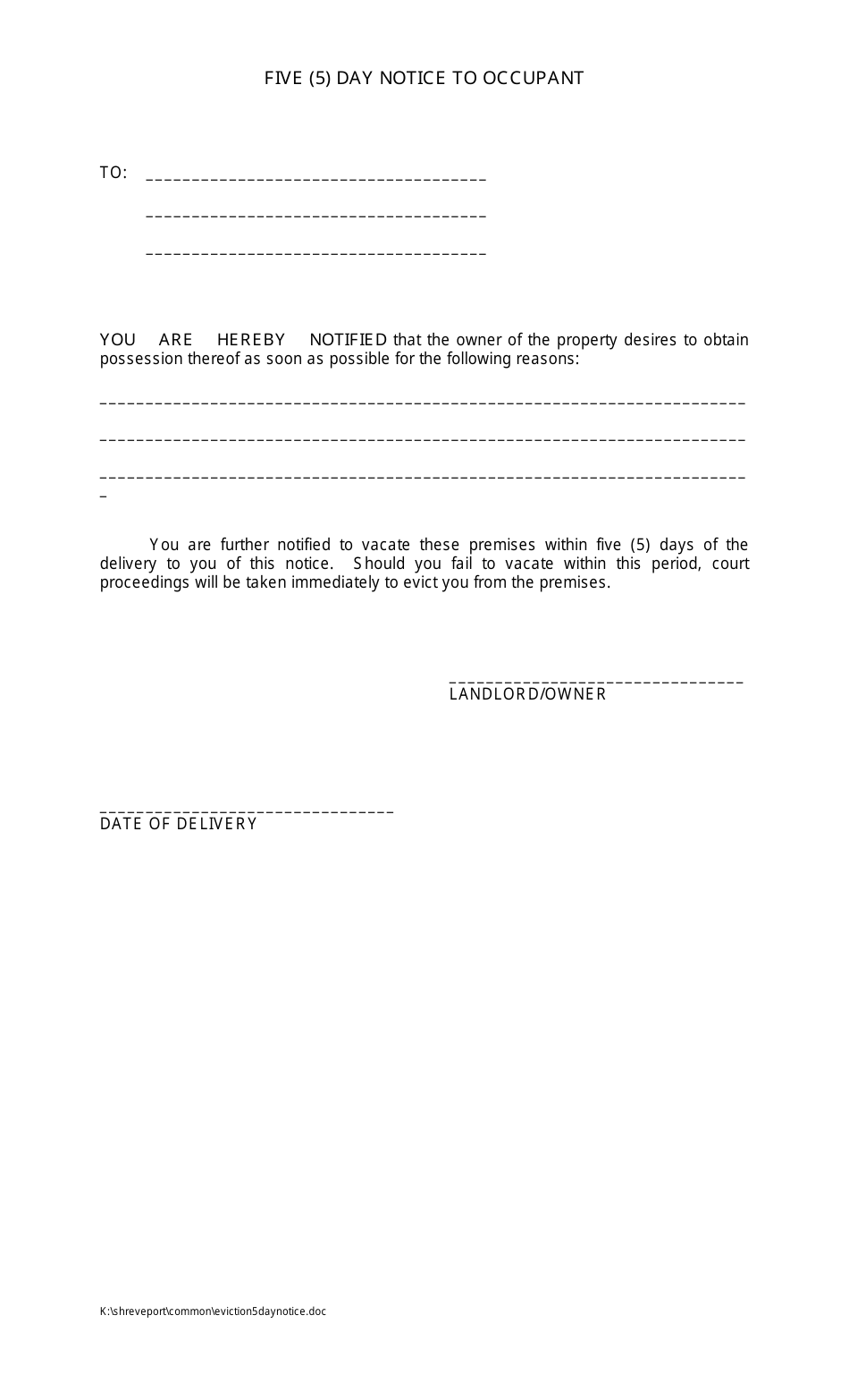 Five (5) Day Notice to Occupant Form, Page 1