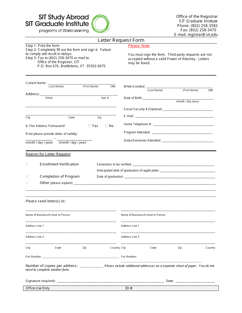 Letter Request Form - Sit Graduate Institute, Page 1