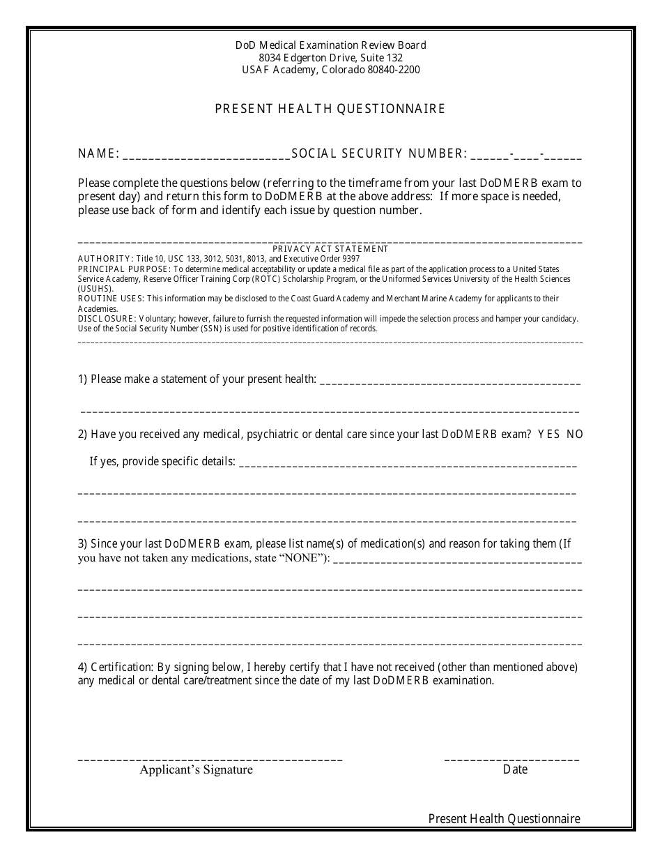 Present Health Questionnaire Form, Page 1
