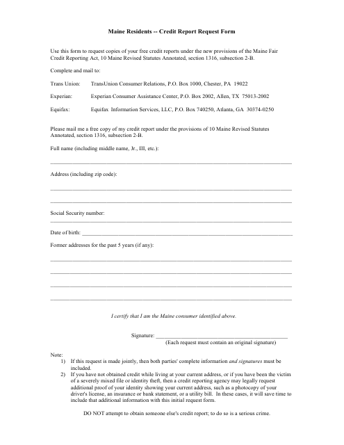 Credit Report Request Form - Maine Download Pdf