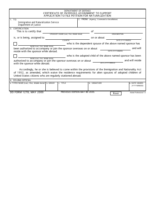 DD Form 1278 Certificate of Oversea Assignment to Support Application to File Petition for Naturalization