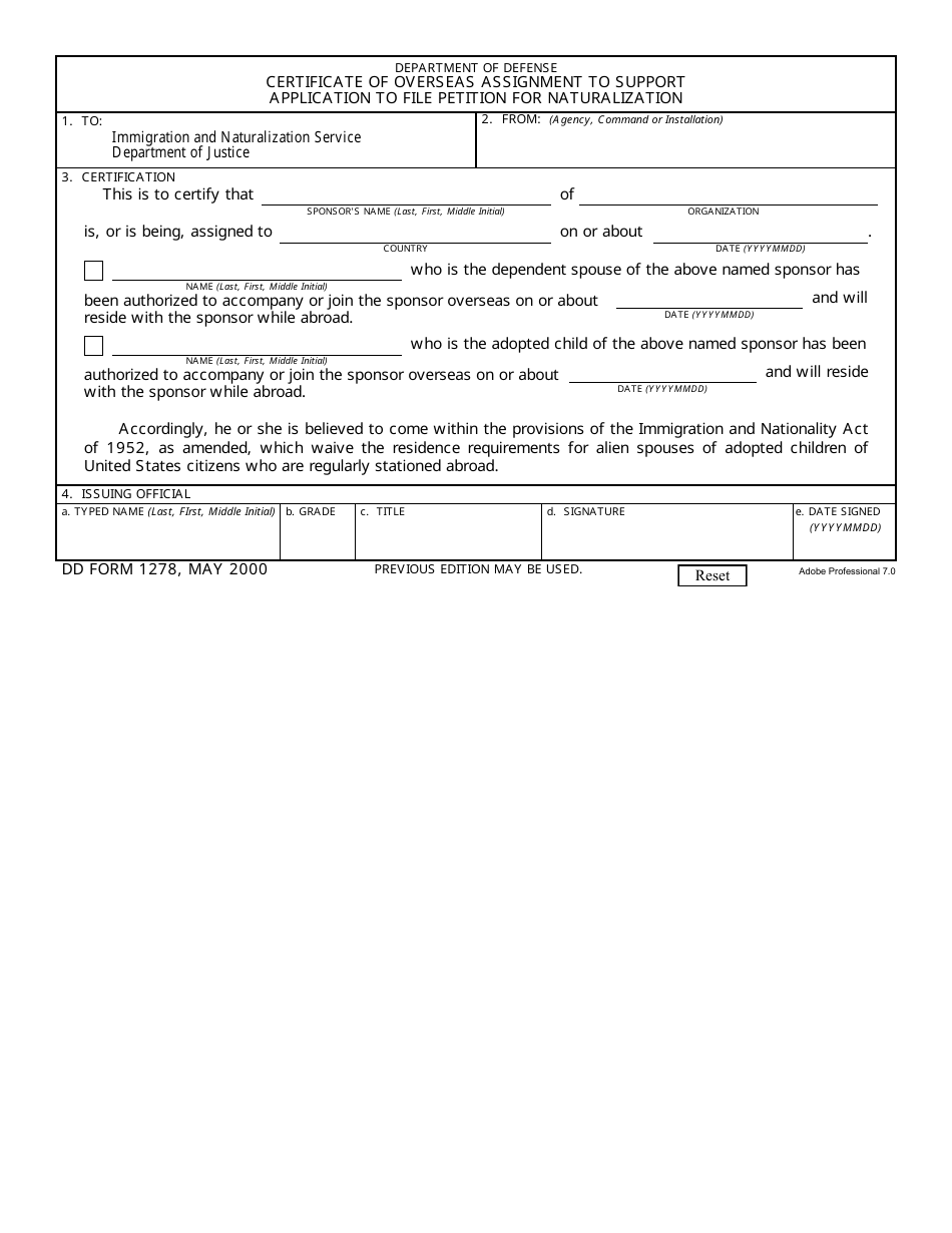 DD Form 1278 Certificate of Oversea Assignment to Support Application to File Petition for Naturalization, Page 1
