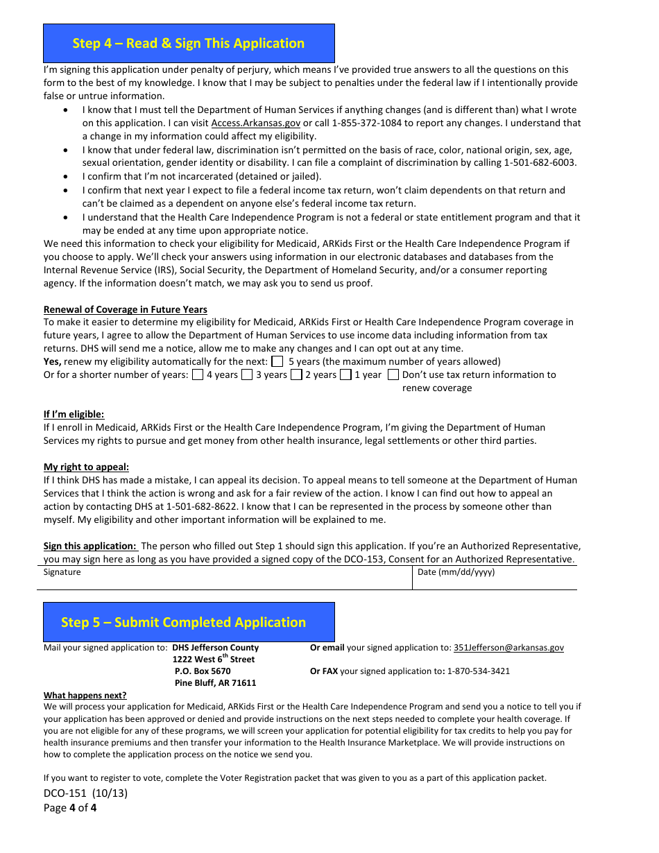 Form DCO-151 Application Form for Health Coverage Single Adults - Arkansas, Page 4