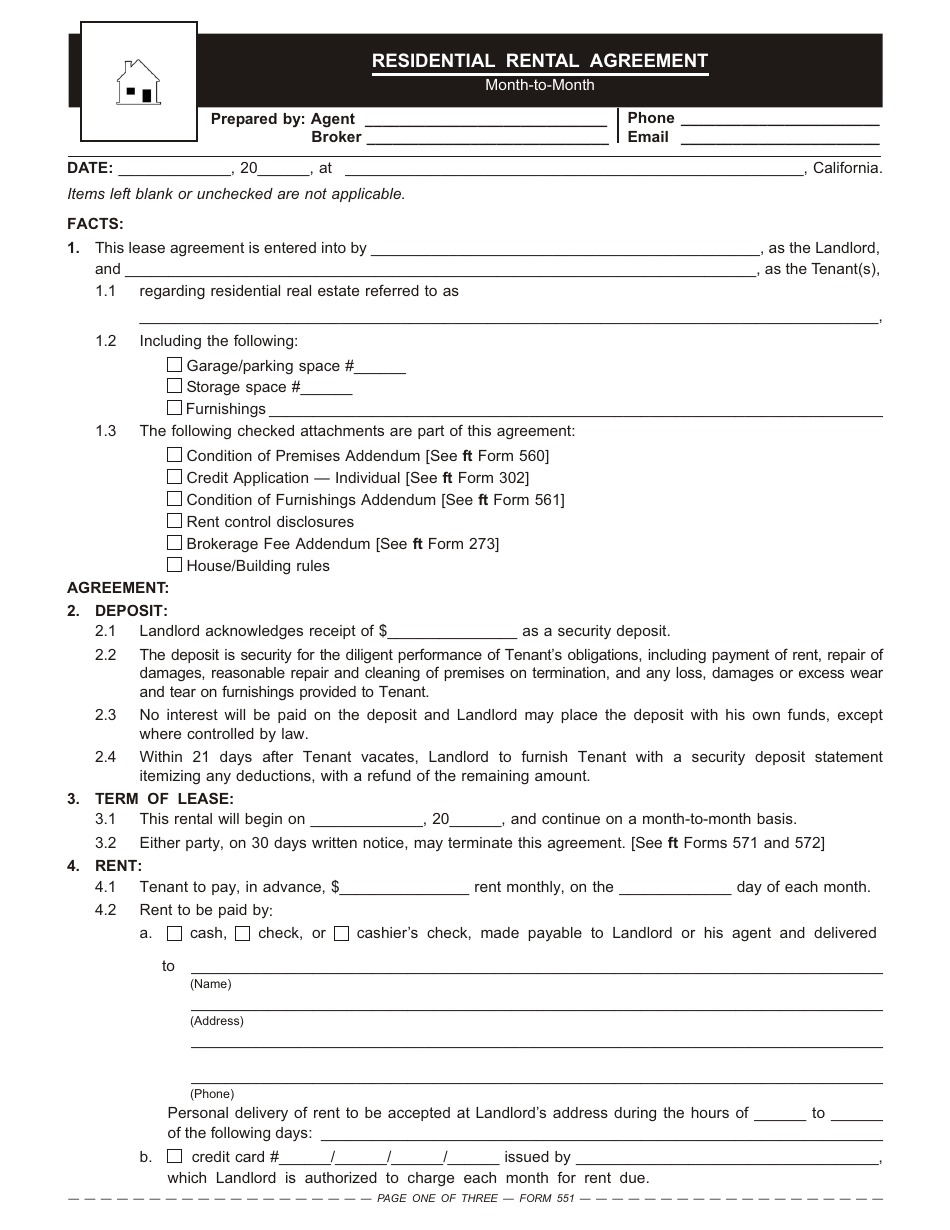 Month-To-Month Residential Rental Agreement Form - First Tuesday - California, Page 1