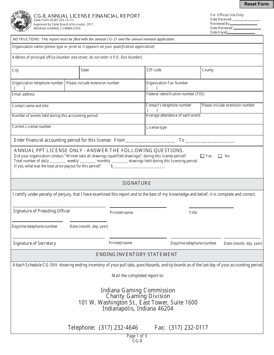 State Form 45387 Annual License Financial Report - Indiana, Page 1