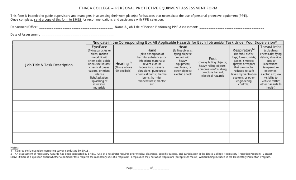 Personal Protective Equipment Assessment Form - Ithaca College, Page 1