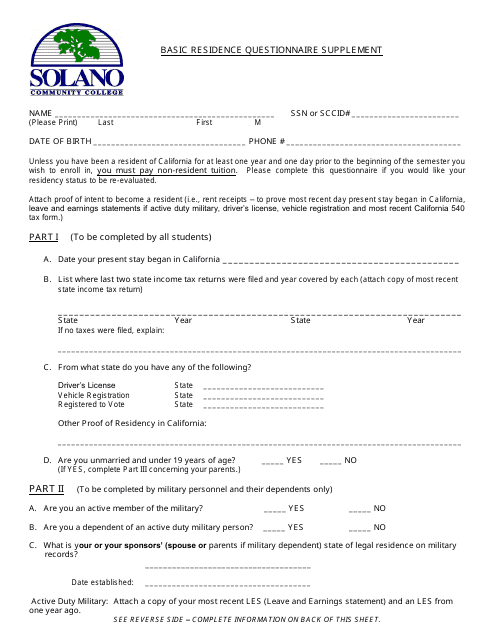 Basic Residence Questionnaire Supplement Form - Solano Community College - California