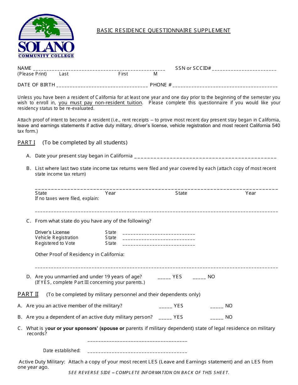 Basic Residence Questionnaire Supplement Form - Solano Community College - California, Page 1
