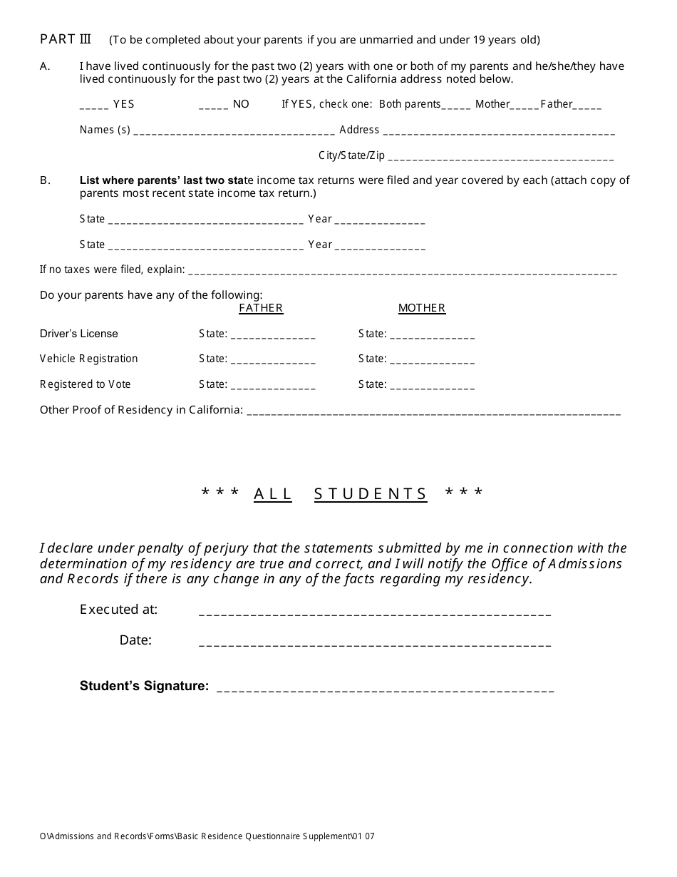 California Basic Residence Questionnaire Supplement Form - Solano ...