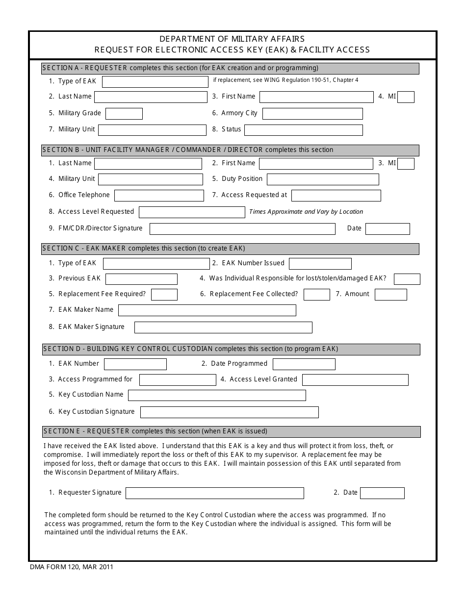 Form 120 Request for Electronic Access Key (Eak)  Facility Access - Wisconsin, Page 1
