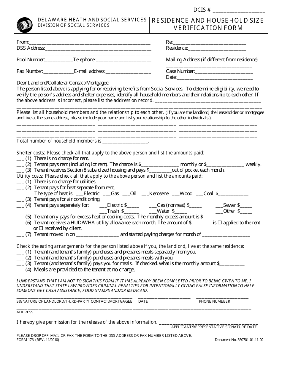 Form 176 Residence and Household Size Verification Form - Delaware, Page 1