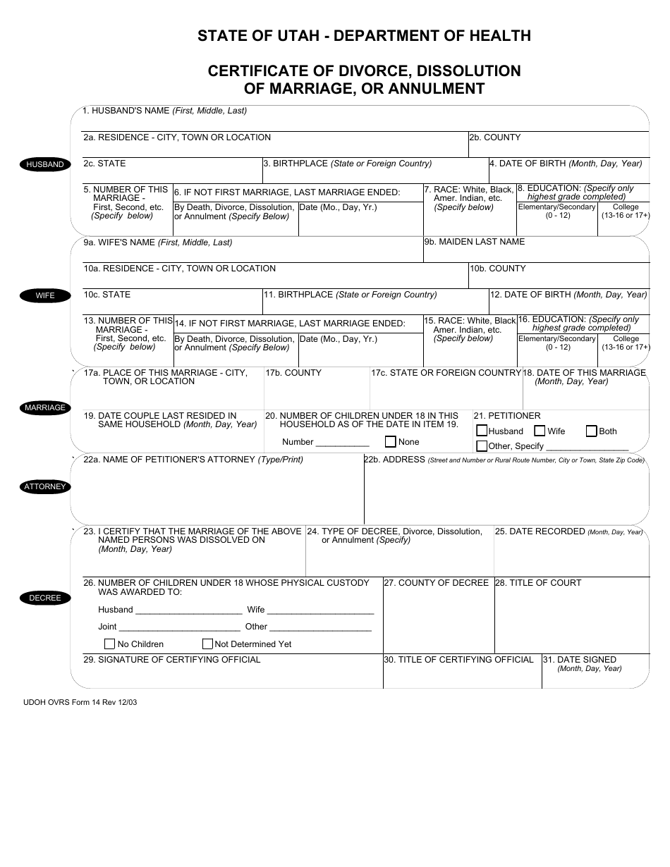 Form 14 Certificate of Divorce Dissolution of Marriage, or Annulment - Utah, Page 1